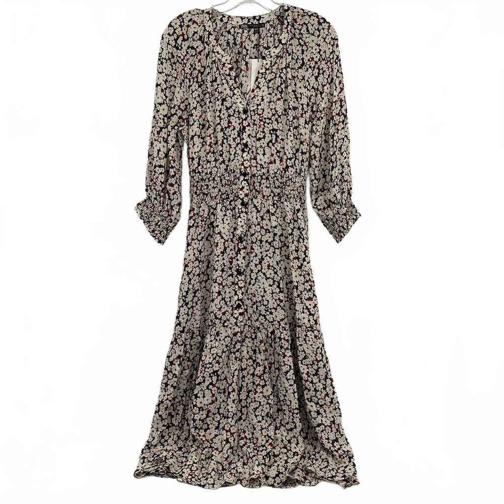 Zara Beige Black Floral Puff Sleeve Midi Dress | Womens M
